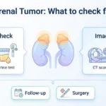 副腎腫瘍（副腎偶発腫）の初期評価を示す図解｜副腎を強調した腎臓イラストと「ホルモン検査（血液・尿）」「画像検査（CT/MRI）」「経過観察・手術」の判断フロー