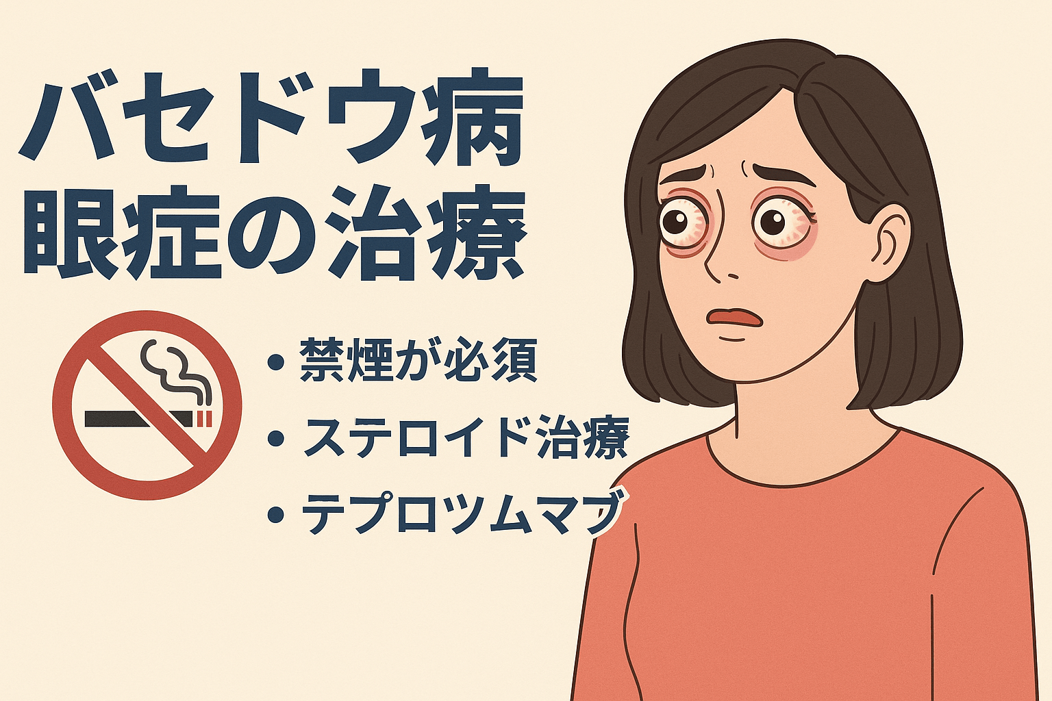 バセドウ病眼症（甲状腺眼症）の女性と治療のポイント（禁煙など）を説明するイラスト｜しもやま内科（船橋市）