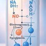 「アルコール→NADH↑→糖新生↓（肝）→低血糖」の1枚図