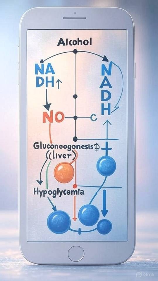アルコール代謝でNADHが増え、肝の糖新生が抑制され低血糖に至る流れを示す図（アルコール → NADH↑ → 糖新生↓［肝］ → 低血糖）