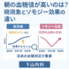 朝の血糖値上昇の原因として、暁現象とソモジー効果の違いをグラフで比較した図。成長ホルモンと夜間低血糖の反応をわかりやすく解説。