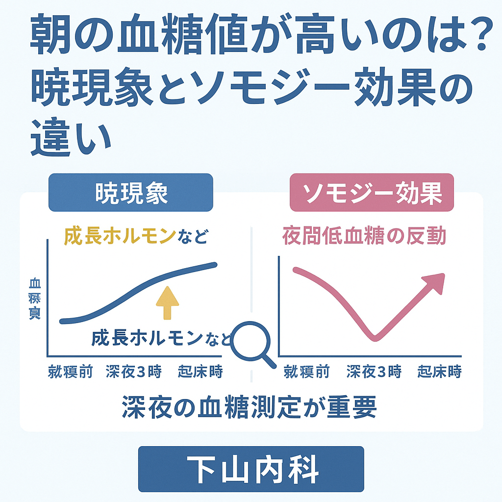 暁現象とソモジー効果の違いを図解したイラスト（しもやま内科）