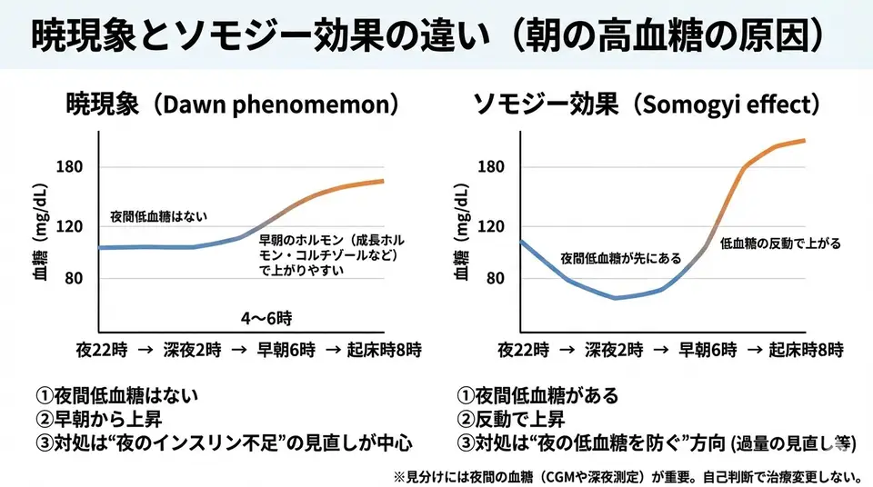 暁現象とソモジー効果の違い(夜間低血糖の有無と起床時高血糖の見分け方)