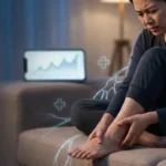 治療後有痛性神経障害（RPN）を示す、血糖改善後に足の神経痛で悩む人のイメージ