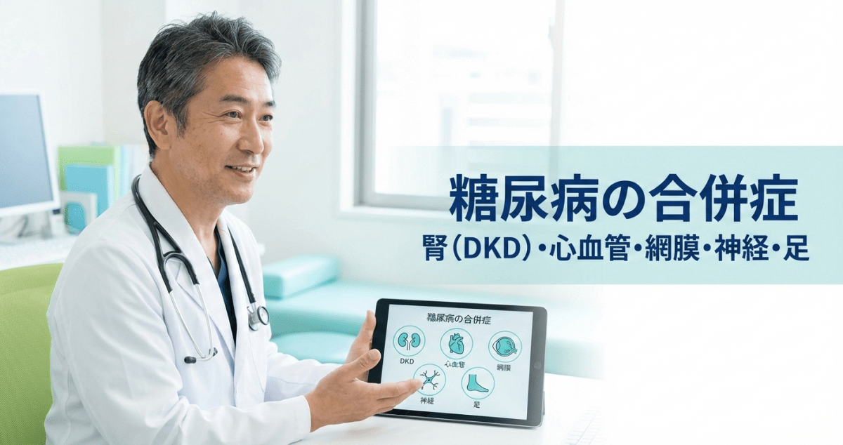 糖尿病の合併症(腎DKD・心血管・網膜・神経・足)を医師が解説する図解イメージ
