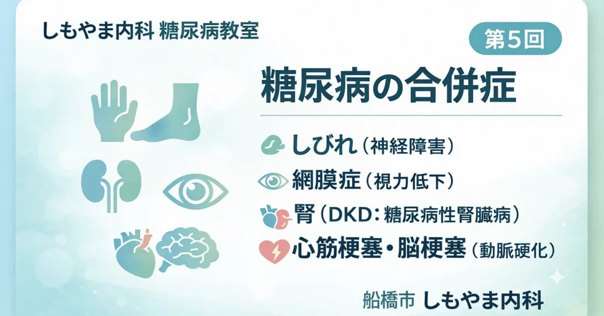 糖尿病教室⑤：合併症（神経障害・網膜症・DKD・心筋梗塞・脳梗塞・足病変）の怖さを伝えるイラスト