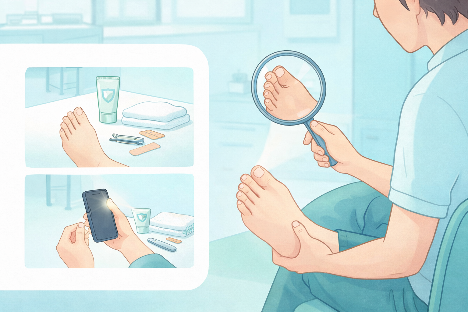 糖尿病のフットケア(足の観察・保湿・爪の手入れ)をやさしく示すイラスト|しもやま内科