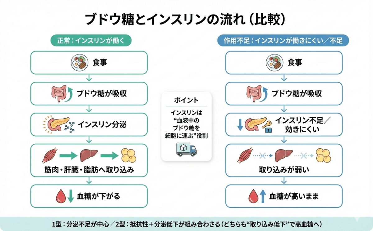 ブドウ糖とインスリンの流れを「正常」と「インスリン作用不足」で比較した図(取り込み低下により血糖が高くなる)