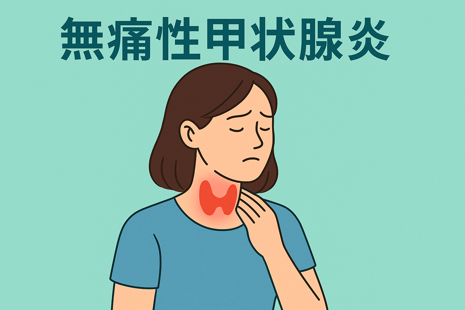 無痛性甲状腺炎の症状をイメージした医療イラスト。女性が首元を押さえている様子と甲状腺部位が強調されている。