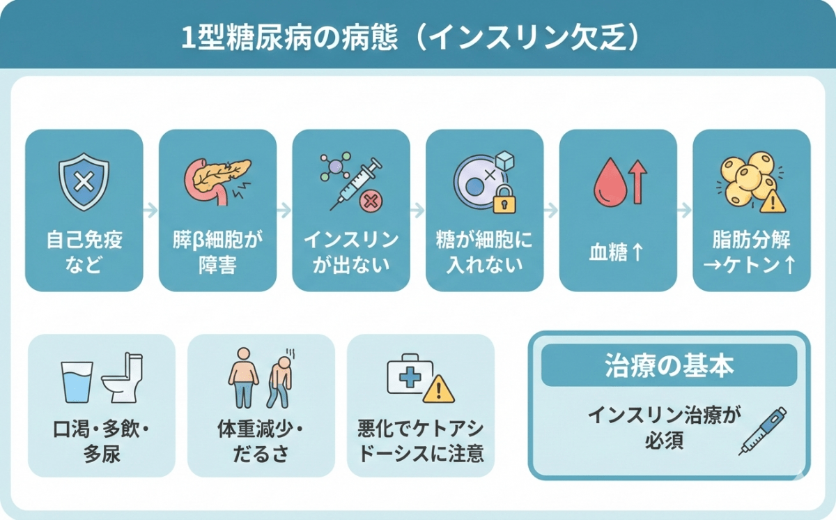 1型糖尿病の病態(インスリン欠乏):自己免疫による膵β細胞障害→インスリン低下→高血糖・ケトン増加の流れを示す図