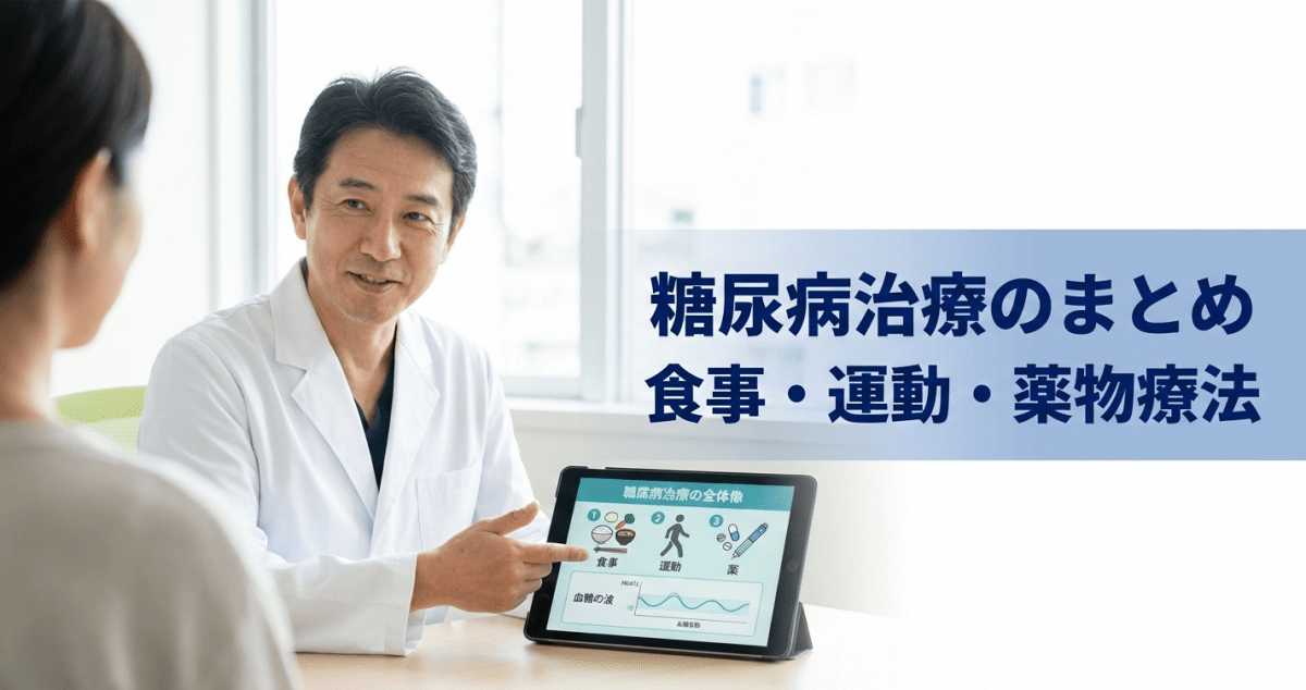 糖尿病治療（食事・運動・薬物療法）を医師が解説するイメージ