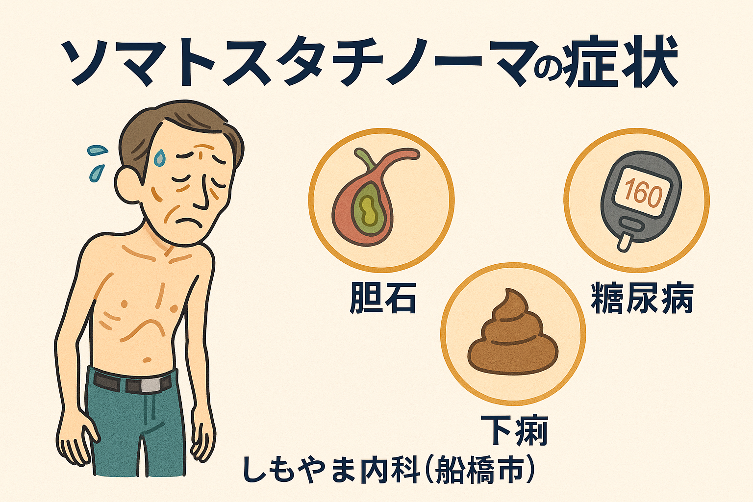ソマトスタチノーマの症状を解説する図解｜痩せた中年男性と胆石・糖尿病・慢性下痢などの症状アイコン｜しもやま内科（船橋市）
