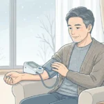 冬に自宅で血圧を測定する中年男性のイラスト。寒い季節に血圧が150前後まで上がる原因と対策を解説する医療記事のアイキャッチ画像。