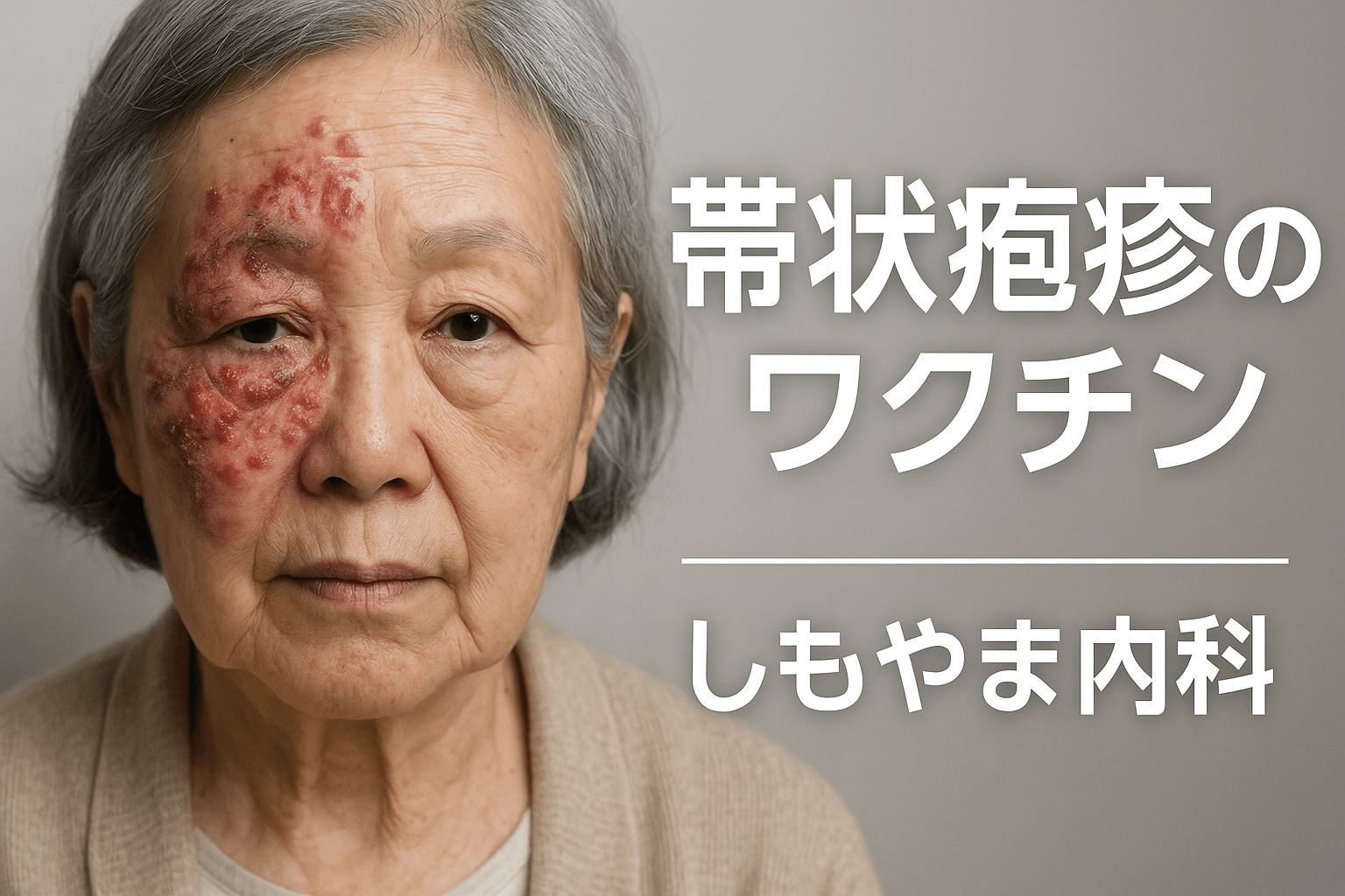 左顔面に帯状疱疹の皮疹がある高齢女性の写真｜帯状疱疹ワクチン案内｜しもやま内科（船橋市）