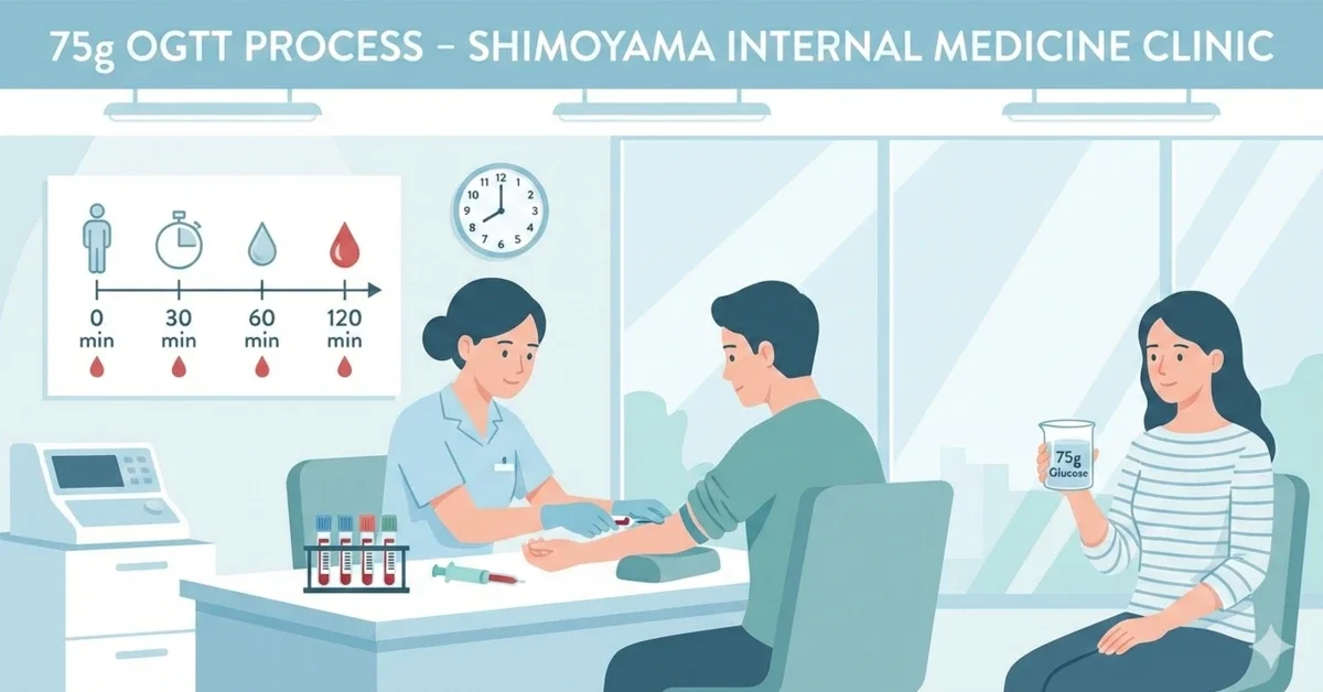 しもやま内科での75g OGTT検査手順：患者さんがトレーランGを飲み、0分から120分までの採血タイミングを示した画像