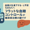 血糖変動の不安に向き合い、安定した血糖コントロールを目指す糖尿病治療をイメージしたイラスト（血糖測定器・肝臓・日本語メッセージ入り）