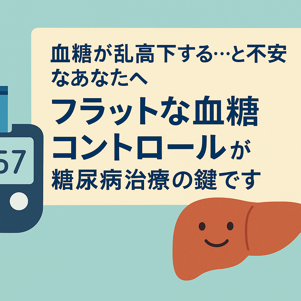 血糖変動の不安に向き合い、安定した血糖コントロールを目指す糖尿病治療をイメージしたイラスト(血糖測定器・肝臓・日本語メッセージ入り)