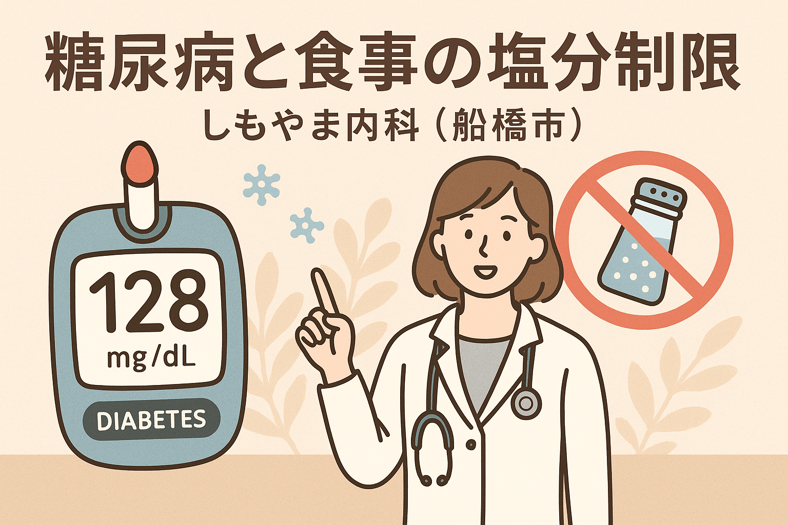 糖尿病性腎症を防ぐ減塩食のポイントをやさしく解説するイラスト｜しもやま内科（船橋市）