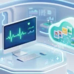 青と白を基調としたクリーンな医療空間で、心電図（ECG）の波形が輝くパソコンモニターと、写真やアルバムがアップロードされる光るクラウドのアイコンを描いたモダンな3Dアイソメトリックイラスト。