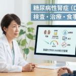 糖尿病性腎症（DKD）の検査（尿中アルブミン・eGFR）と治療・減塩を医師が解説するイメージ