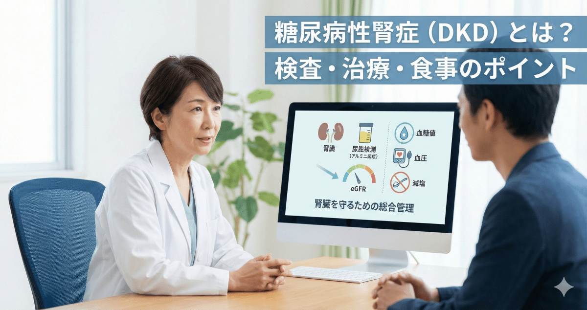 糖尿病性腎症（DKD）の検査（尿中アルブミン・eGFR）と治療・減塩を医師が解説するイメージ
