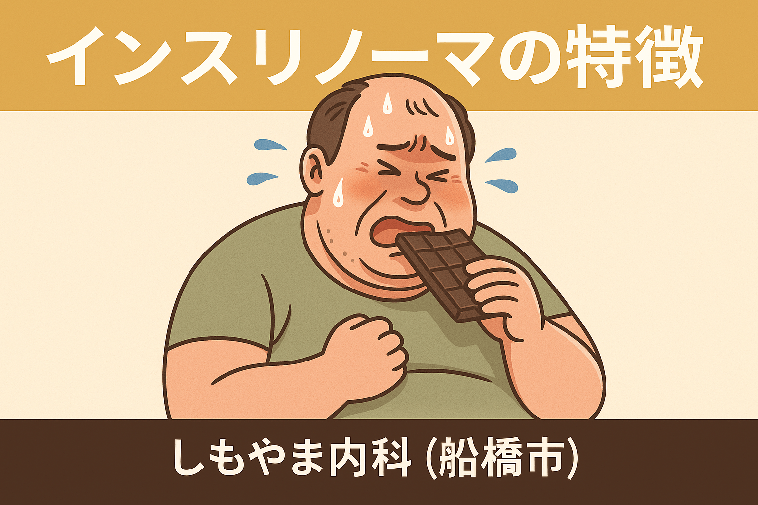 インスリノーマの特徴を示す図解：低血糖症状として発汗・ふるえを感じながらチョコレートを摂取する中年男性のイラスト｜しもやま内科（船橋市）