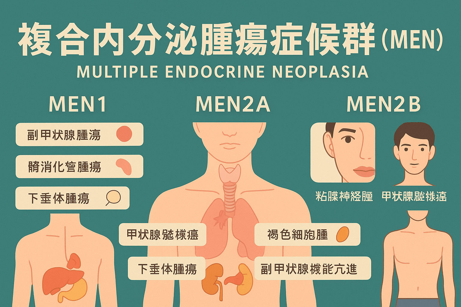 複合内分泌腫瘍症候群（MEN）の種類と主な腫瘍の組み合わせを図解｜MEN1・MEN2・MEN4の特徴を一覧で解説｜しもやま内科（船橋市）