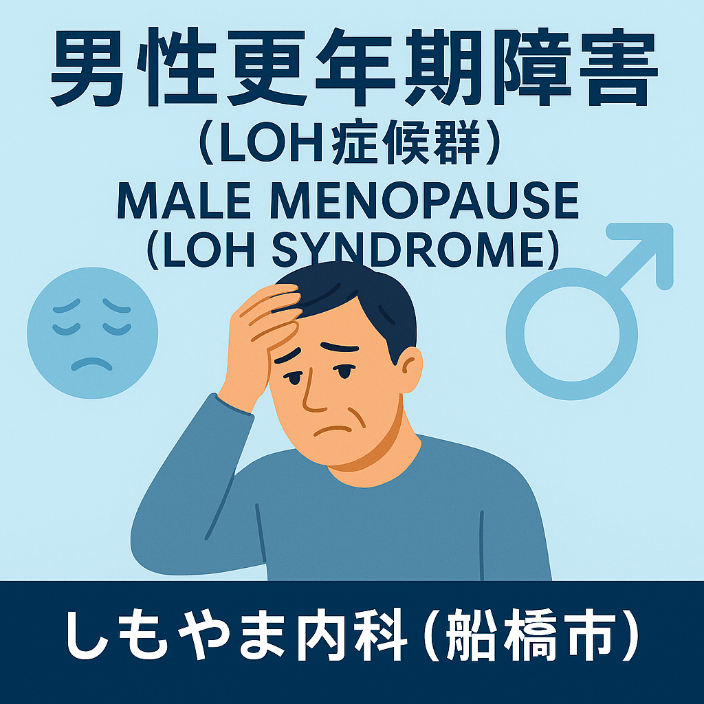 男性更年期障害（LOH症候群）のイラスト｜テストステロン低下による疲労感や性機能低下などの症状に悩む中高年男性｜しもやま内科（船橋市）