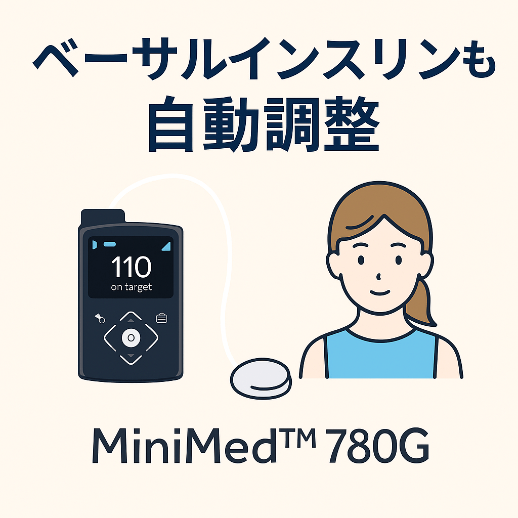 MiniMed 780Gの自動ベーサル・ボーラス調整を解説する図解：食前に血糖値が上がりかけたとき、ベーサルインスリンが自動で調整される様子を示すイラスト