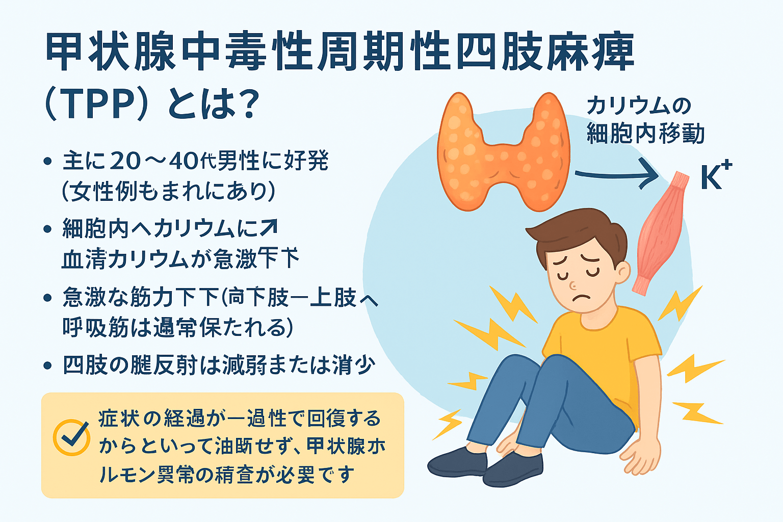 甲状腺中毒性周期性四肢麻痺の原因と症状、治療をまとめた図解（しもやま内科）