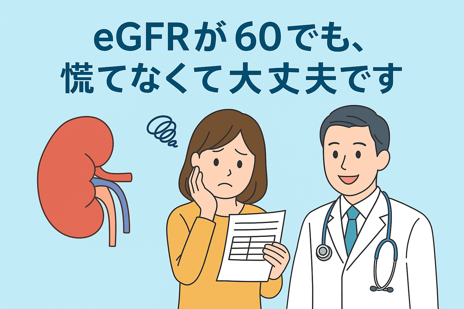 健診でeGFR60と指摘されて不安になる40代女性に、腎機能は心配ないと説明する医師のイラスト