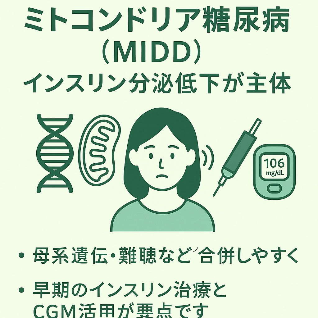 ミトコンドリア糖尿病(MIDD):インスリン分泌低下が主体。母系遺伝・難聴を合併しやすく、早期のインスリン治療とCGM活用が要点|しもやま内科