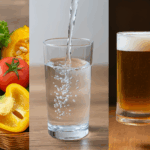 野菜・水・アルコールの3つの生活習慣ポイントを示すトリプティック画像（尿酸値対策のイメージ）