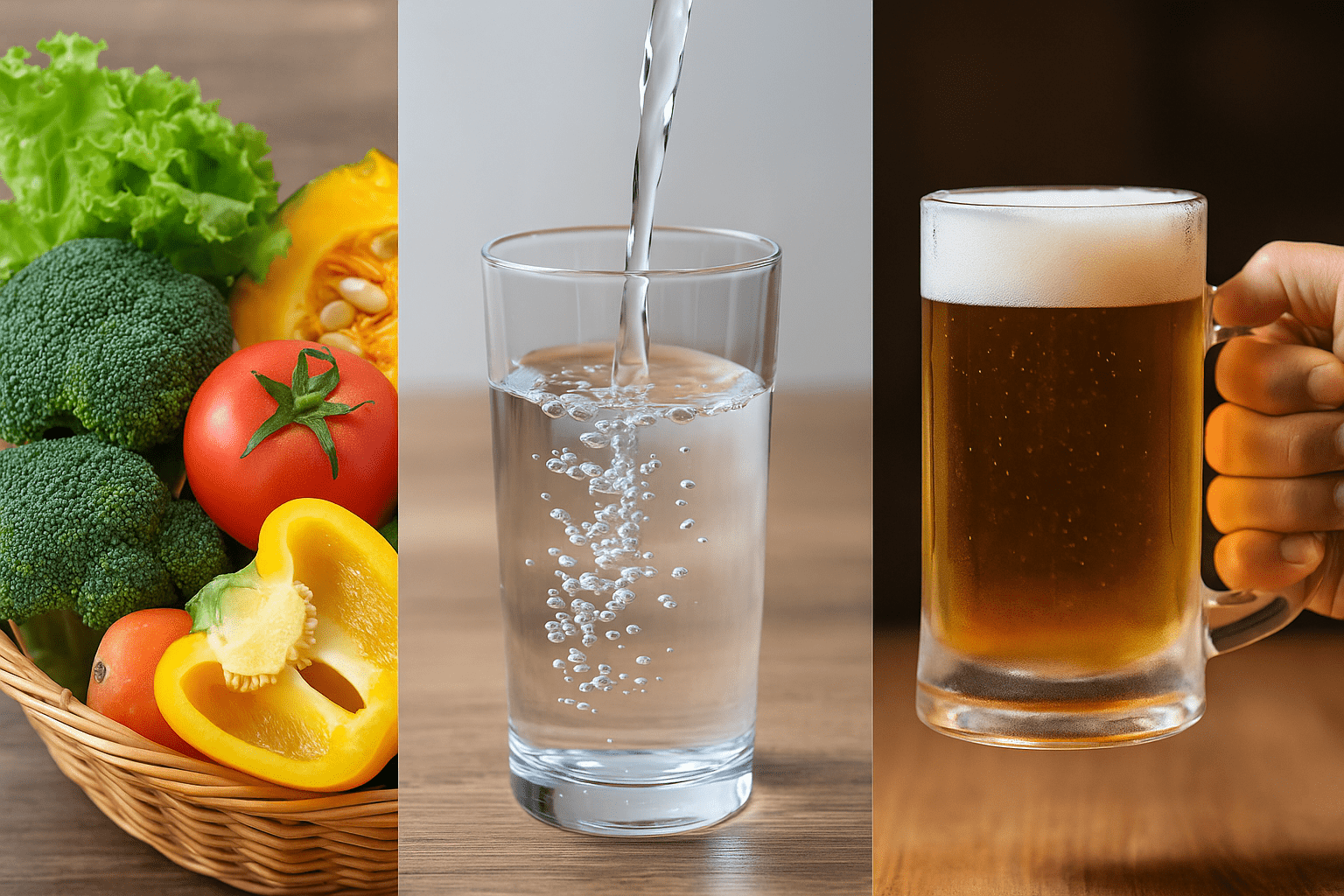 野菜・水・アルコールの3つの生活習慣ポイントを示すトリプティック画像（尿酸値対策のイメージ）