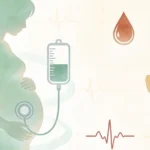 PCOSの方の妊娠期における流産・妊娠糖尿病・甲状腺機能の管理を、安心感のある医療イラストで表現したアイキャッチ画像（しもやま内科）