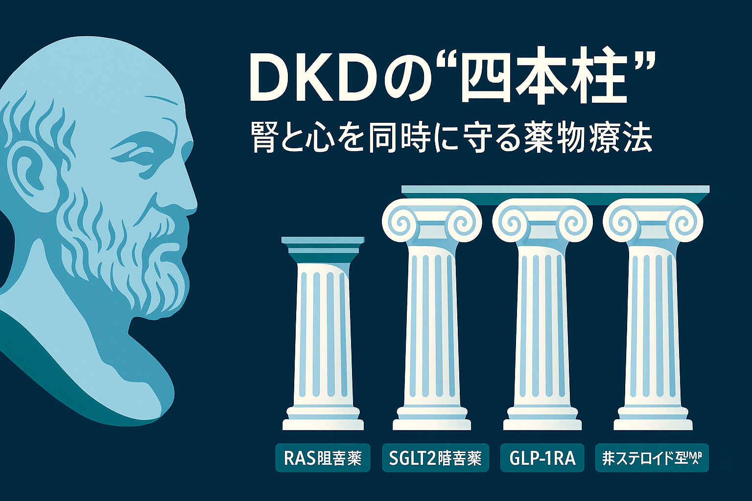 ヒポクラテスとイオニア式の四本柱をモチーフにした“DKDの四本柱（4ピラーズ）”の解説用画像（しもやま内科）