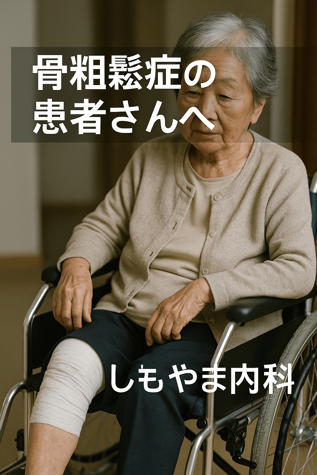 右大腿骨頸部骨折で車椅子に乗る高齢女性。右脚に包帯。上段「骨粗鬆症の患者さんへ」、下段「しもやま内科」の文字入りアイキャッチ画像