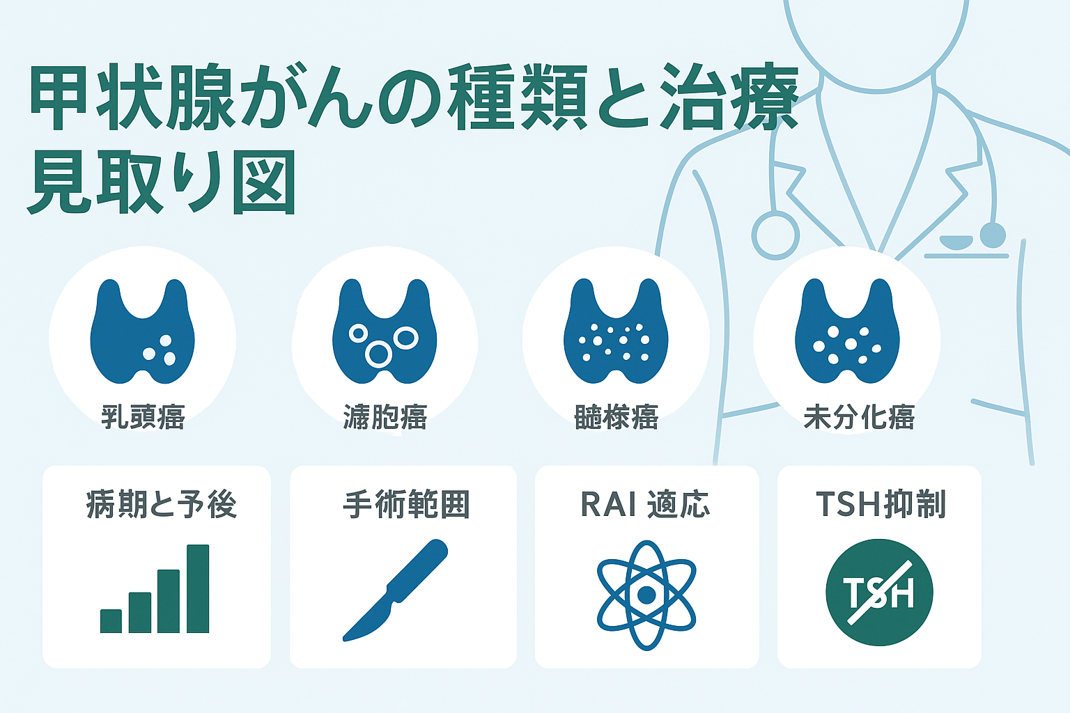 甲状腺がんの種類と治療の見取り図:乳頭癌・濾胞癌・髄様癌・未分化癌/病期・手術・RAI・TSH抑制
