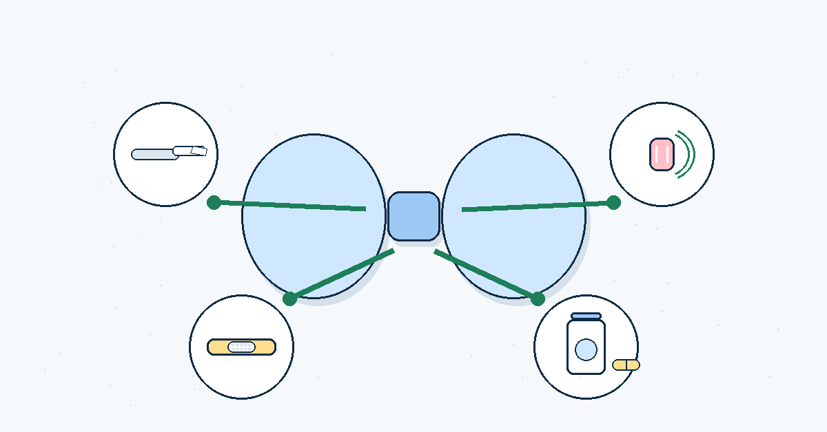 甲状腺結節の手術:合併症リスクと術後ケアのイメージ。中央の甲状腺からメス(手術)、声帯アイコン(声/神経)、絆創膏(創部ケア)、カルシウム(低Ca対策)へ線でつながる図(しもやま内科)