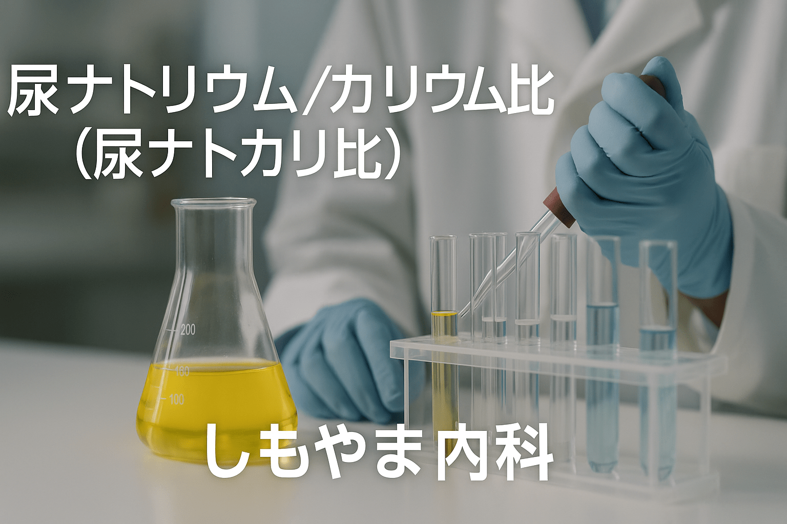 尿ナトリウム／カリウム比（尿ナトカリ比）検査のイメージ｜三角フラスコの黄色液と試験管、駒込ピペットを扱う研究員｜しもやま内科