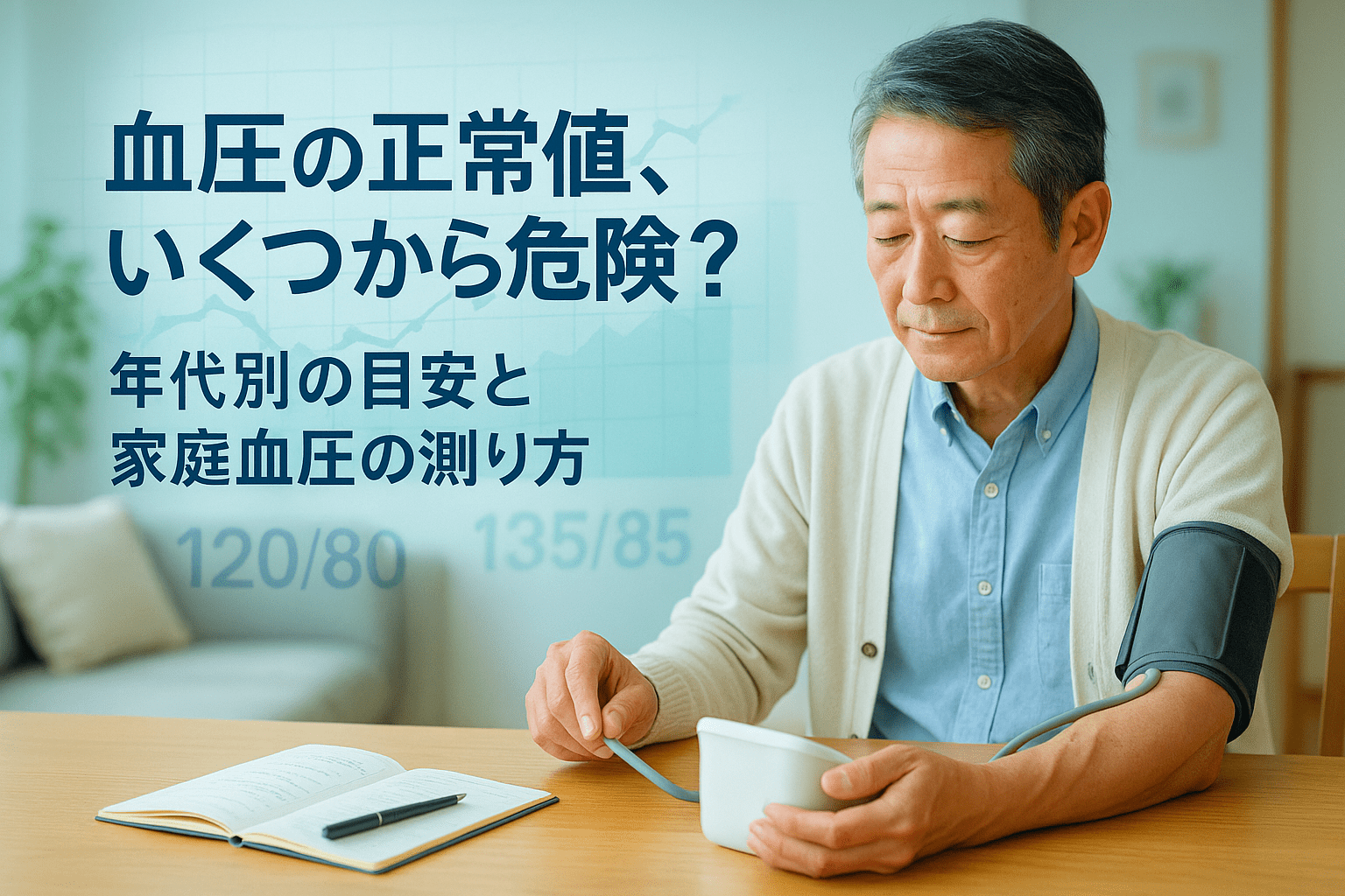 自宅のリビングで上腕式血圧計を使い、家庭血圧を落ち着いて測定している中年男性|血圧の正常値と年代別の目安、家庭血圧の測り方を解説するイメージ