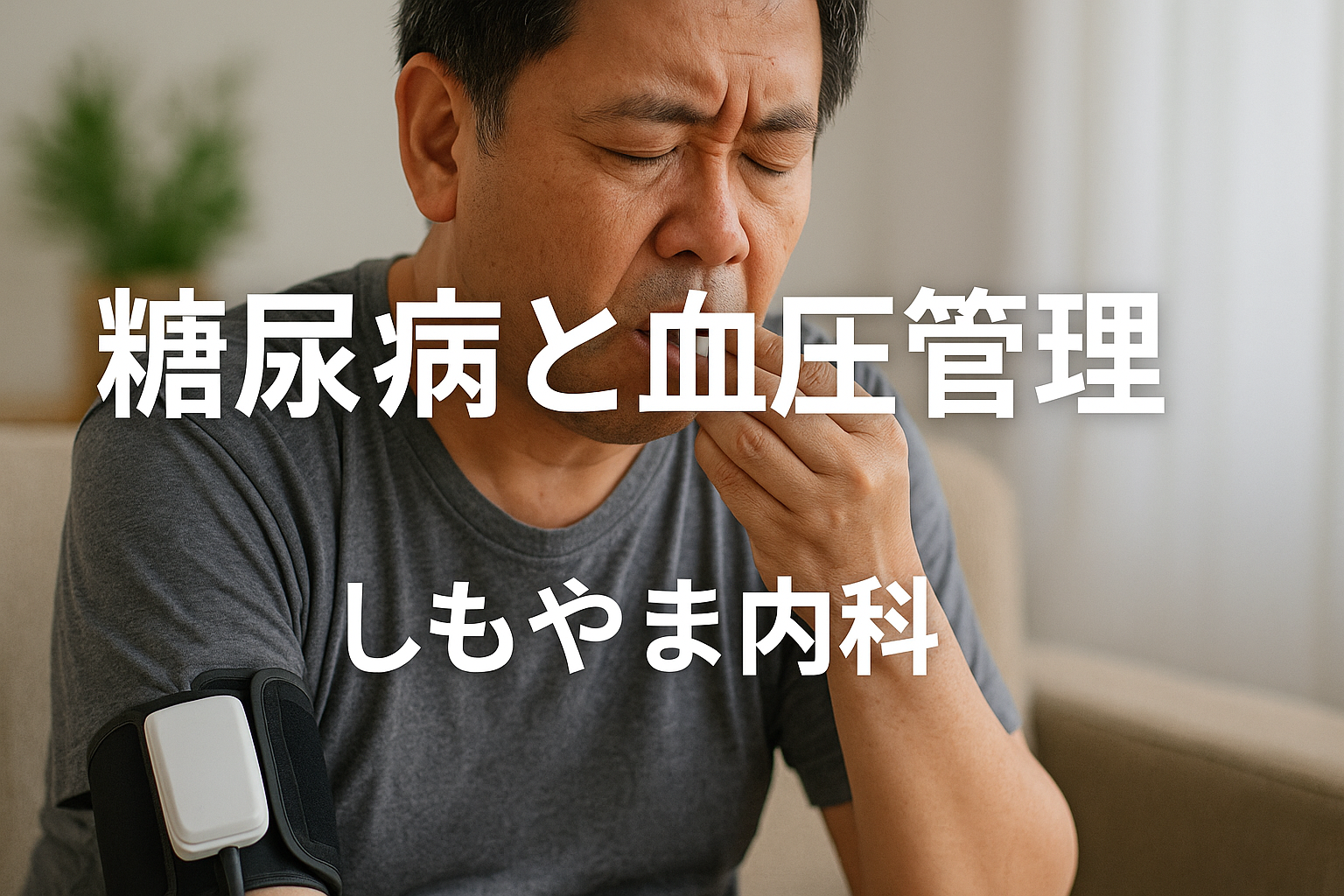 糖尿病と高血圧管理のために降圧薬を内服する日本人中年男性の写真|しもやま内科