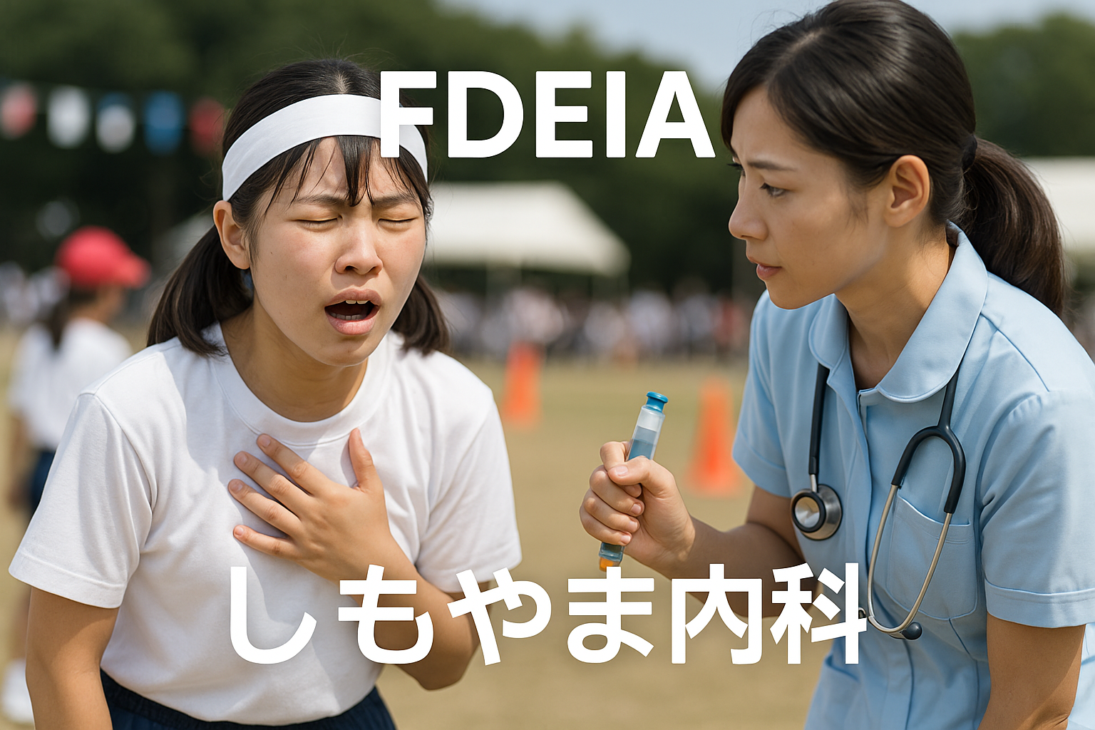 FDEIA(食物依存性運動誘発アレルギー)|運動会で発作に苦しむ女子高校生とエピペンを準備する看護師|しもやま内科