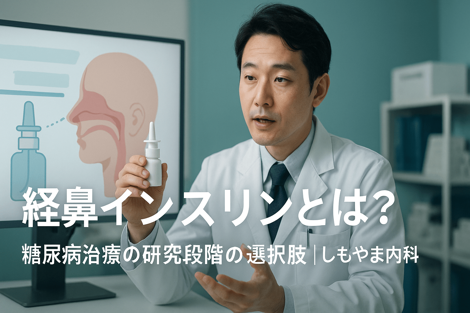 経鼻インスリン(intranasal insulin)について説明する日本人医師のイメージ写真|糖尿病治療の研究段階の選択肢|しもやま内科
