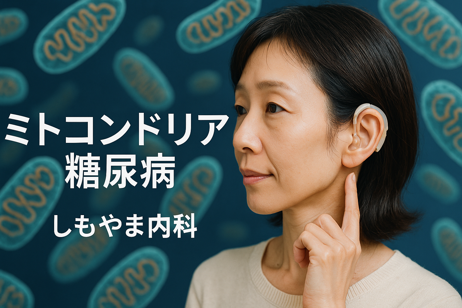 ミトコンドリア糖尿病を示唆する特徴として、痩せ型で補聴器を装着した40代日本人女性のイメージ画像｜しもやま内科