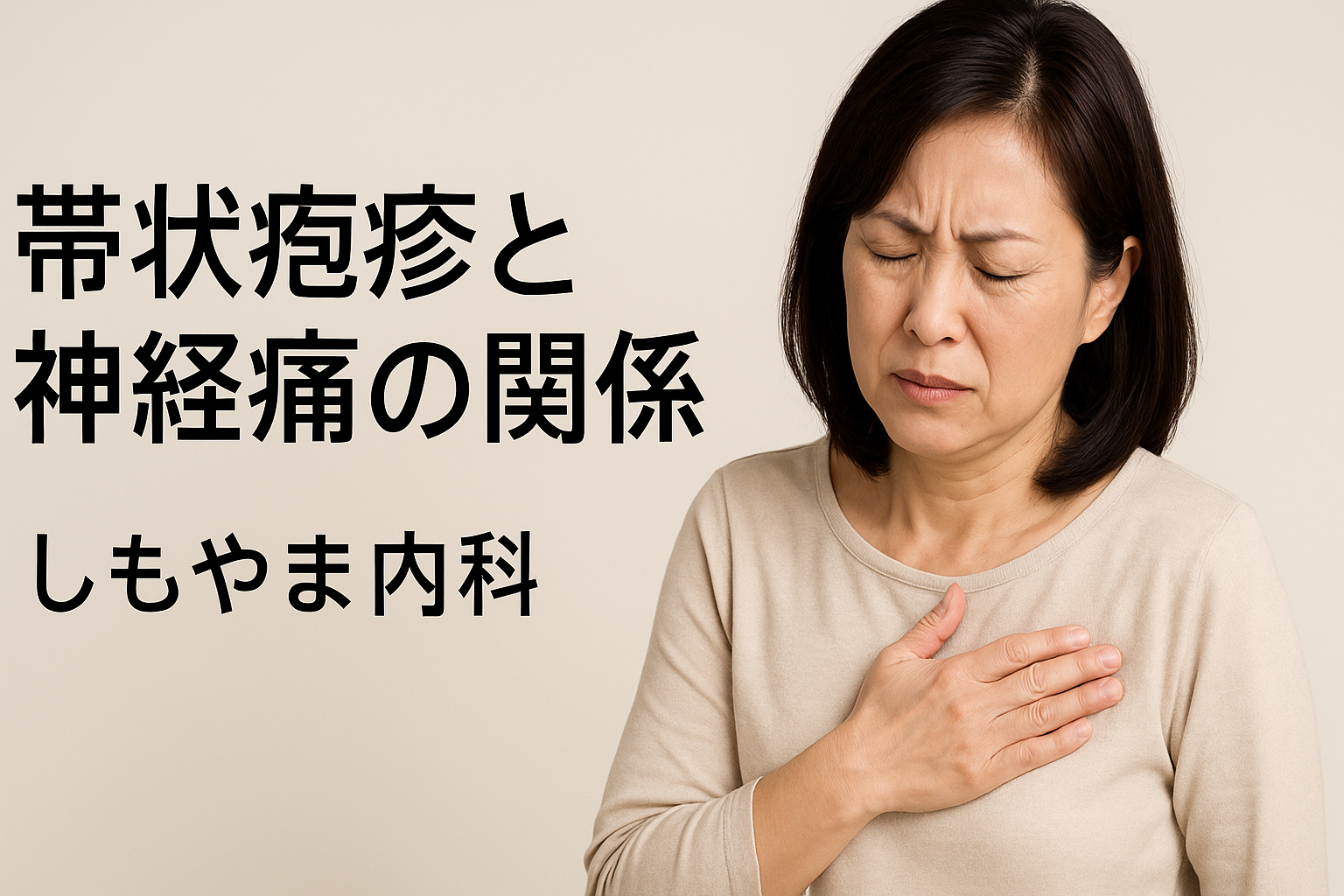 帯状疱疹と神経痛に悩む中年女性の写真|胸に手を当てて痛みを訴える様子|しもやま内科