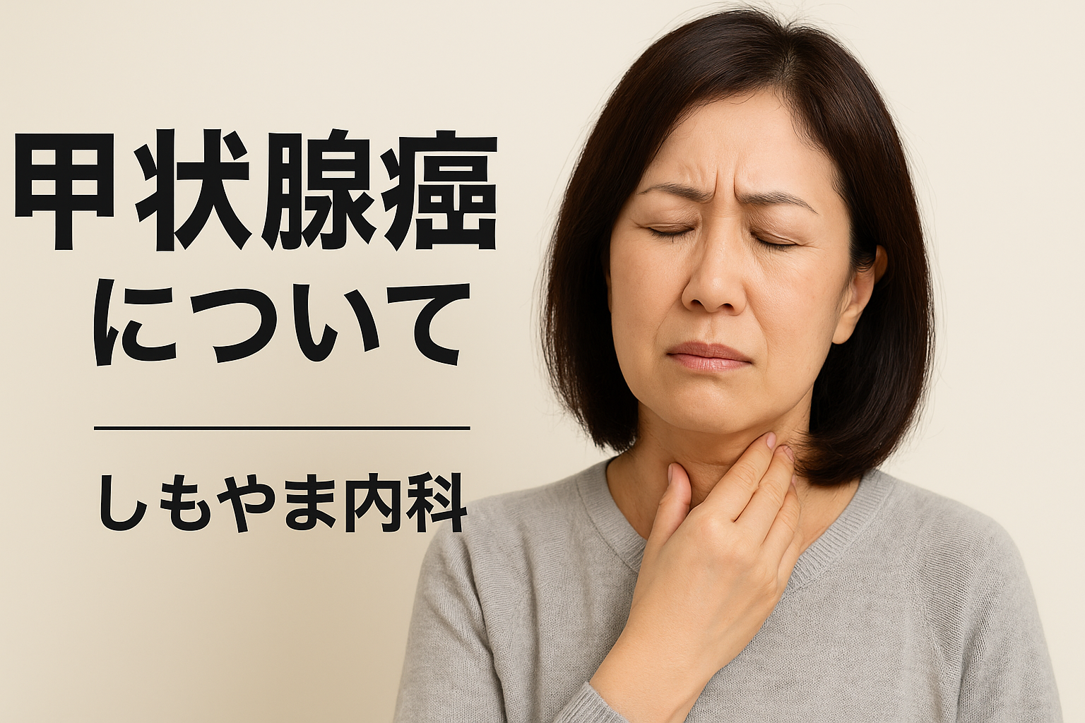 甲状腺がんと診断された方へ|症状・検査・治療の流れ 甲状腺のあたりを押さえて不安そうにしている中年女性|甲状腺がんが心配な方向けのしもやま内科の解説画像