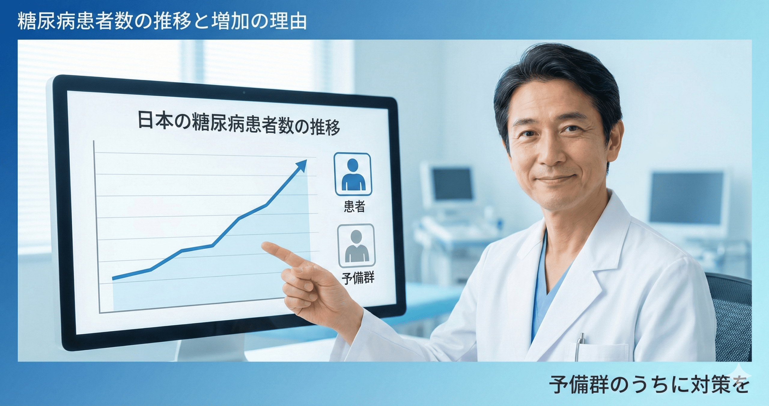 糖尿病患者数の推移グラフを示しながら説明する日本人医師のイメージ