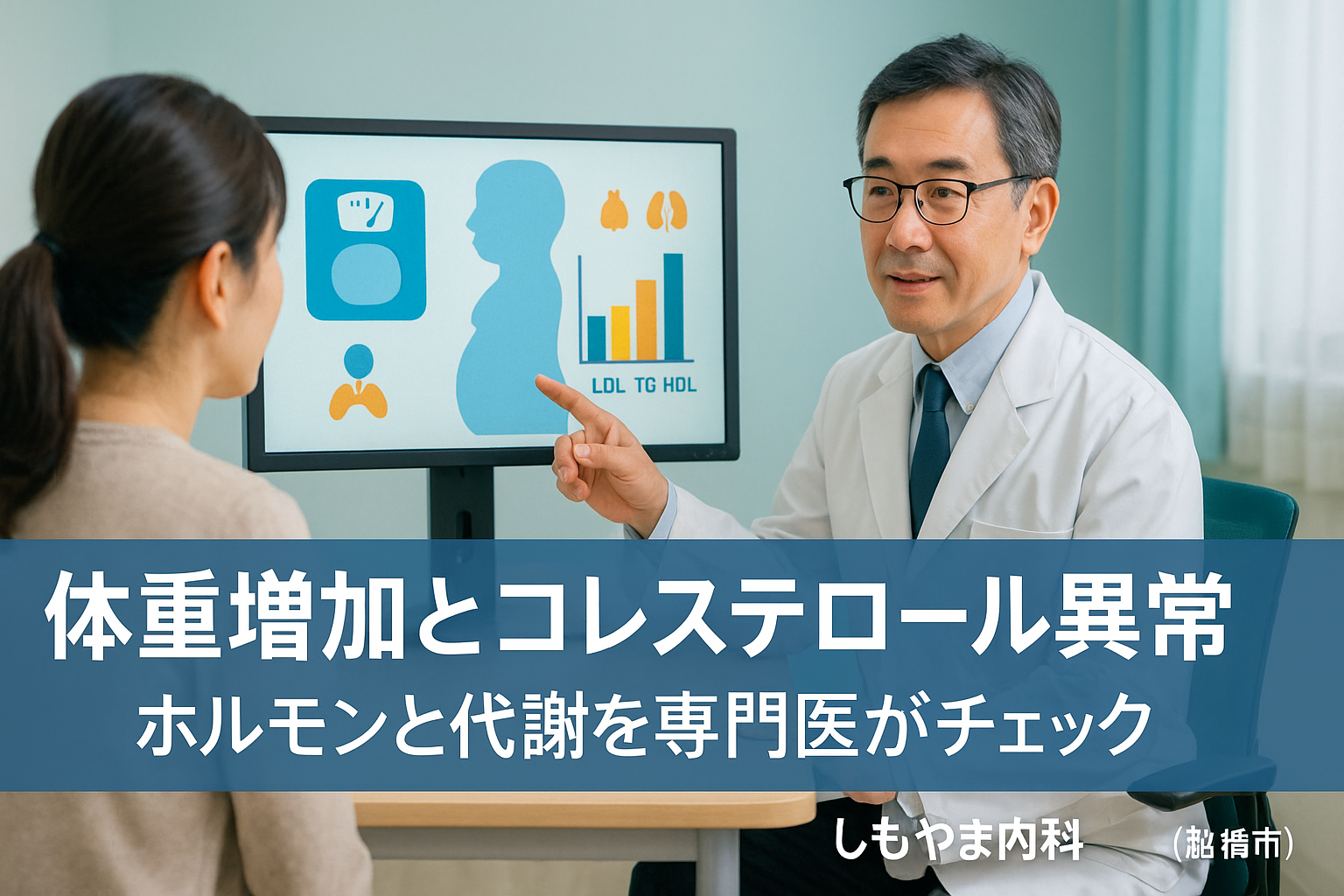 体重増加とコレステロール異常について、ホルモンと代謝の関係を説明する日本人医師のイメージ