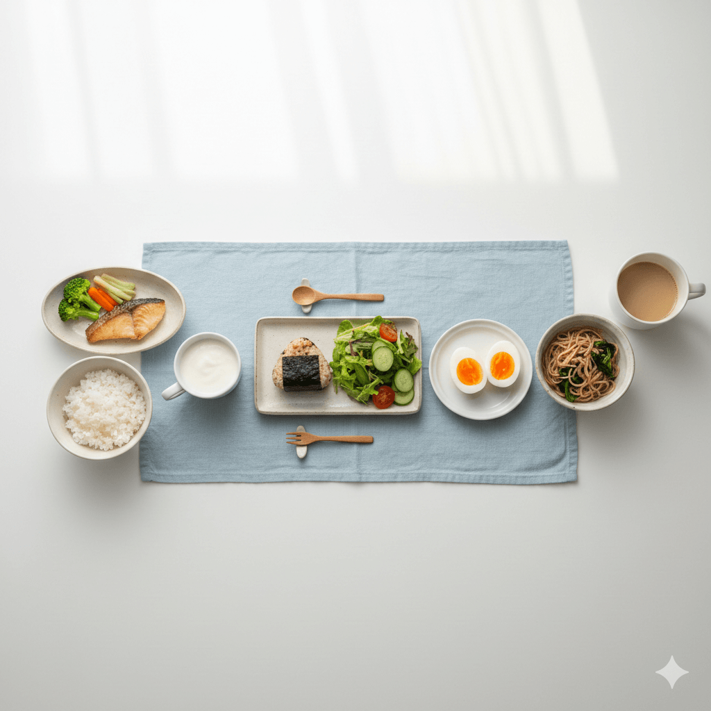 妊娠糖尿病の分食（3食＋間食）を一日の流れで示した写真イメージ